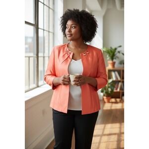 Allen Kay Coral Orange Jeweled Open Front Blazer Jacket Size 14 NWT 716SG35YU44